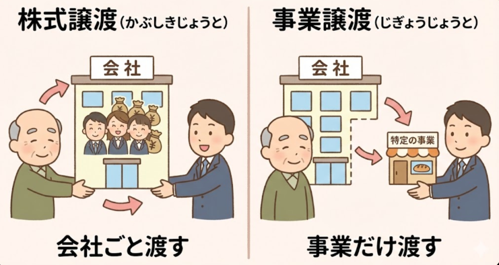 会社ごと渡す株式譲渡と、会社から特定の事業だけを切り出して渡す事業譲渡の違いを示した図