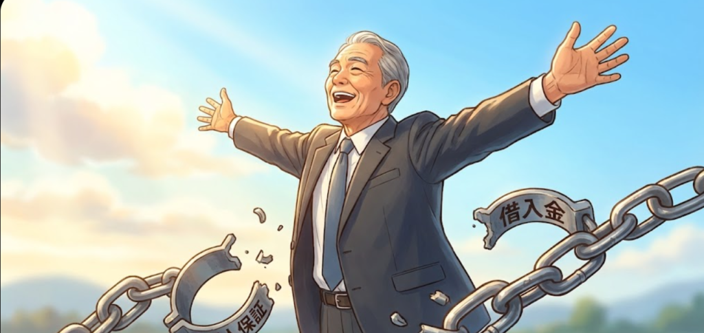 借入金と個人保証を表す鎖が外れ、両手を広げる経営者のイラスト