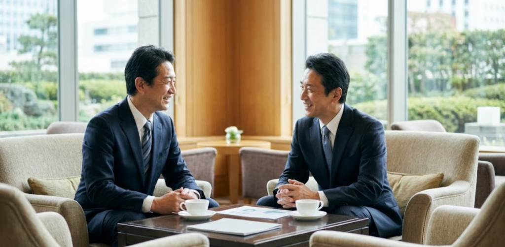 ラウンジのテーブルで資料を見ながら話し合う2人のビジネスパーソン