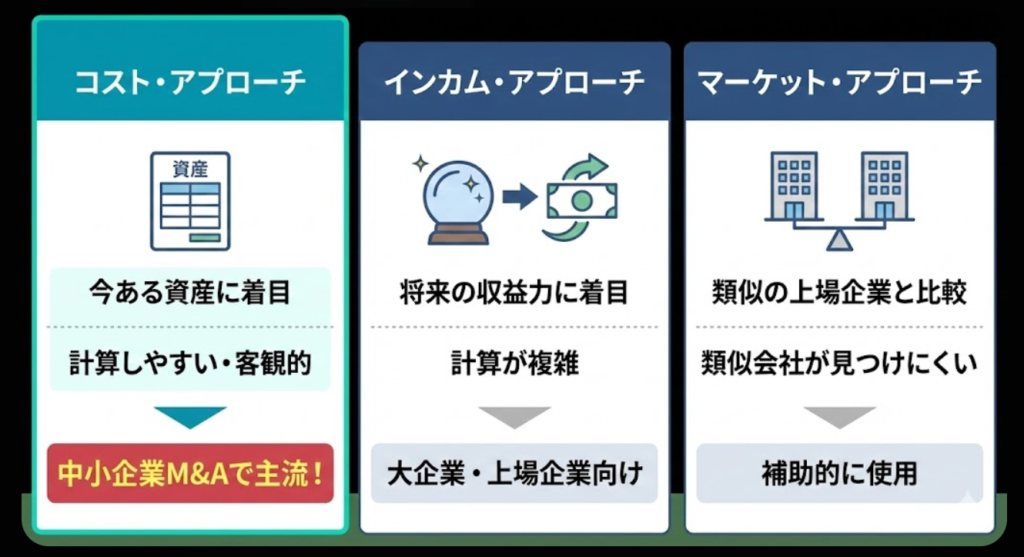 企業価値評価のコスト・アプローチ、インカム・アプローチ、マーケット・アプローチを比較した図