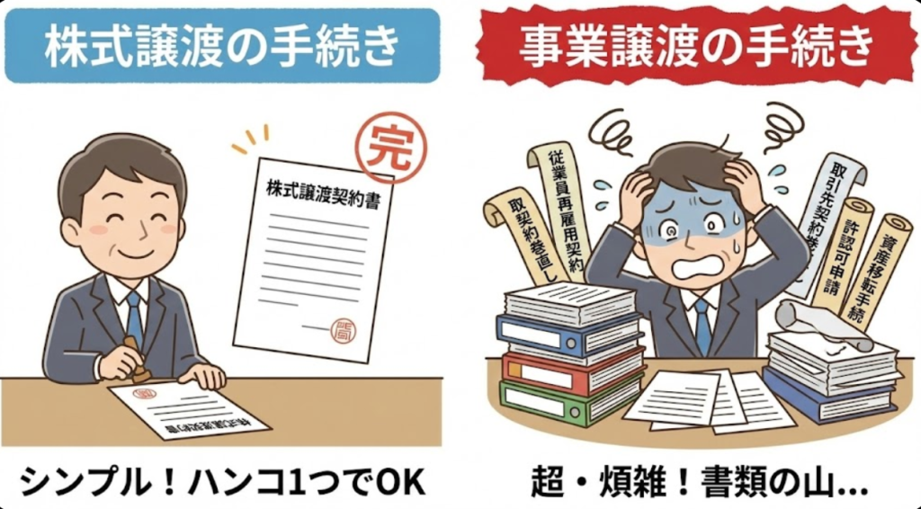 株式譲渡は株式譲渡契約書への押印で手続きが完結する一方、事業譲渡は従業員の再雇用契約、取引先との契約巻き直し、許認可申請、資産の移転手続きが個別に発生することを対比した図