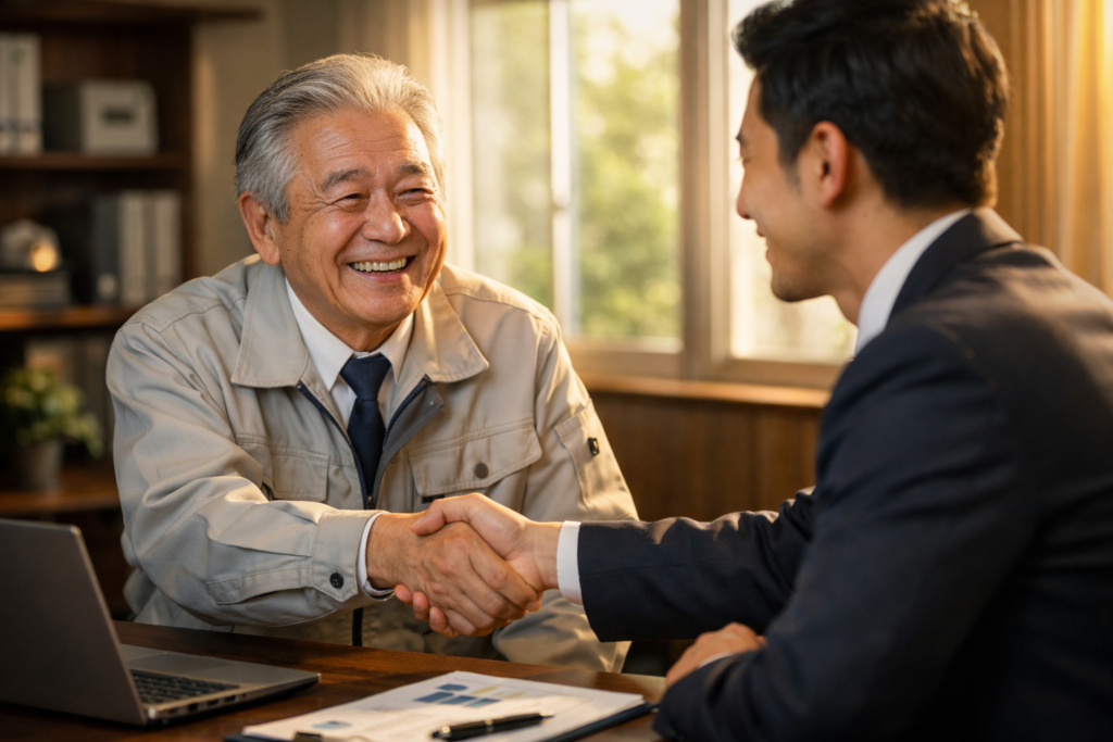 作業着の経営者とスーツ姿の担当者が机を挟んで握手している様子