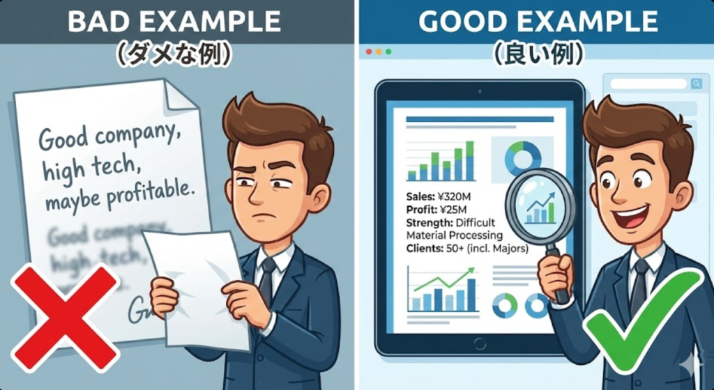 抽象的な説明だけの案件概要と、売上・利益・強み・顧客数を具体的に示した案件概要を比較する図