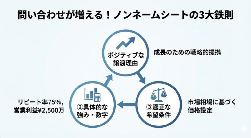 ノンネームシートに記載するポジティブな譲渡理由、具体的な強みと数字、適正な希望条件の3要素を示した図
