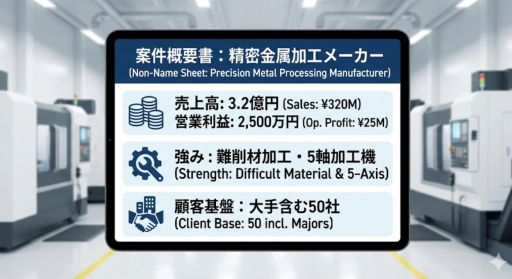 精密金属加工メーカーの案件概要書に、売上高、営業利益、加工技術、顧客基盤を具体的に記載した例