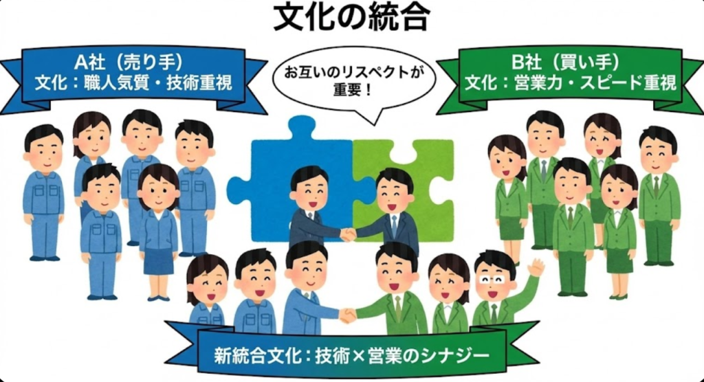 技術重視の売り手企業と営業力・速度重視の買い手企業が互いを尊重し、新しい企業文化を作る様子を示す図