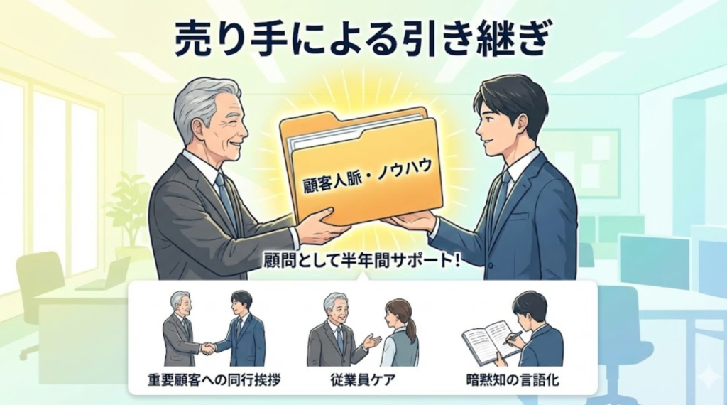 売り手が顧客人脈やノウハウを買い手へ渡し、重要顧客への同行挨拶、従業員ケア、暗黙知の言語化を行う引き継ぎの図