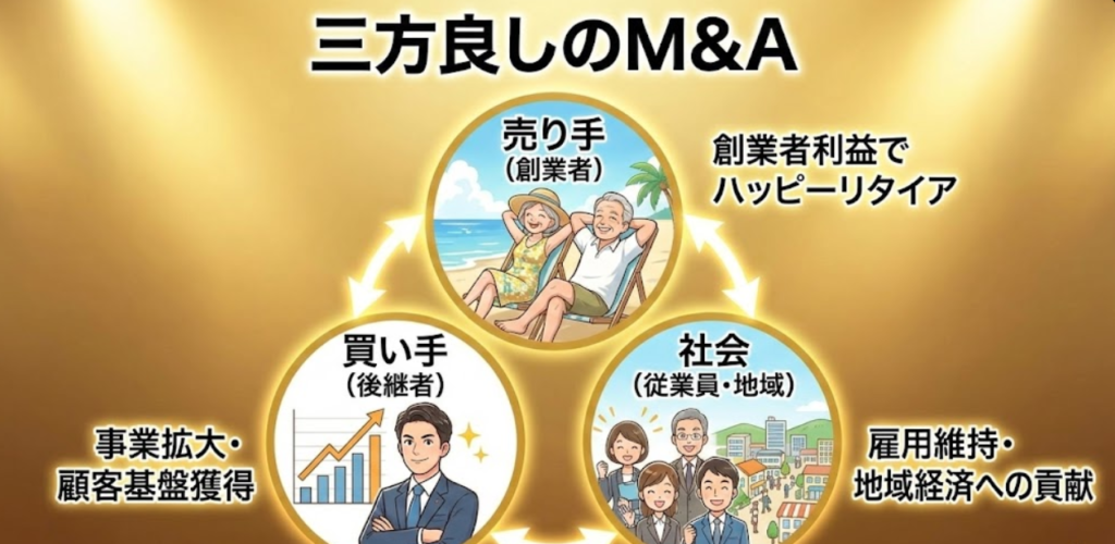 M&Aの当事者を三方に配置した図。売り手（創業者）は創業者利益を得て引退、買い手（後継者）は事業拡大と顧客基盤の獲得、社会（従業員・地域）は雇用の維持と地域経済への貢献という関係を示している
