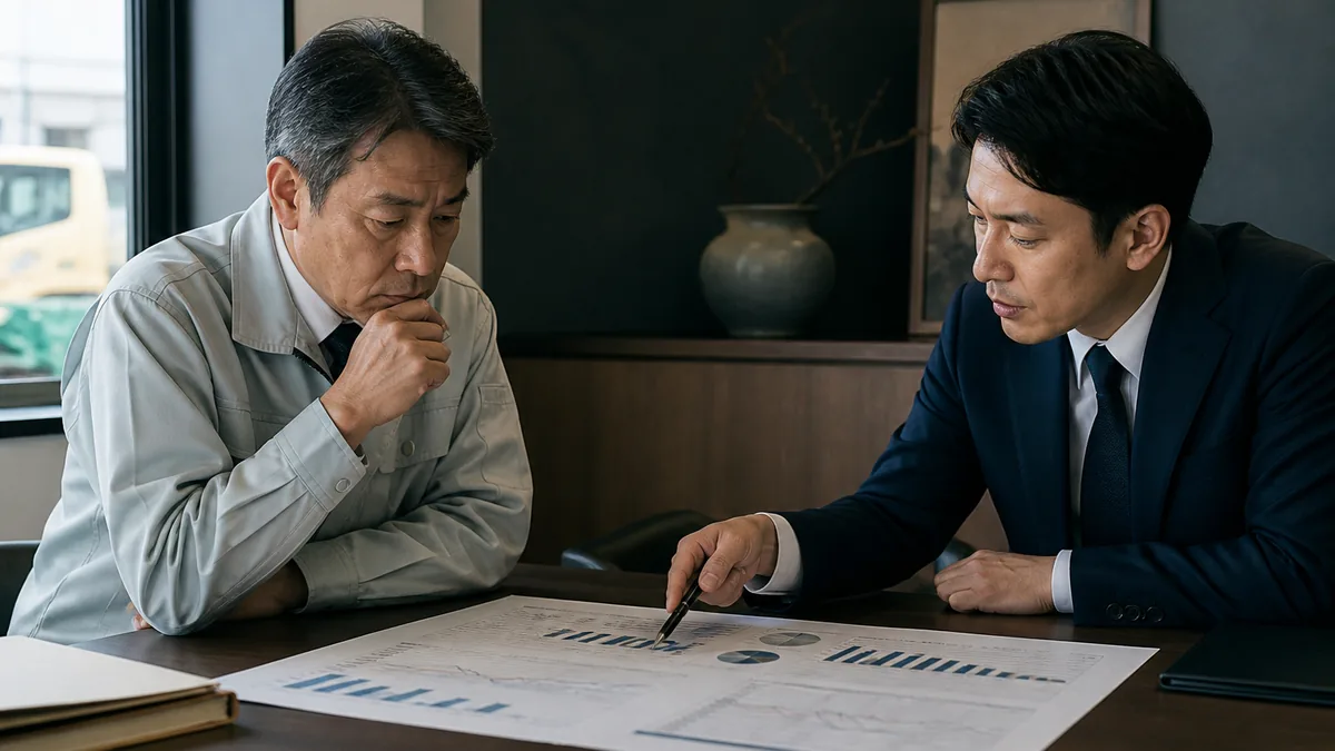 建設・運送業の人手不足倒産｜廃業ラッシュの中でM&Aを選べる会社の条件について、契約・財務・業務資料を確認する経営者と担当者
