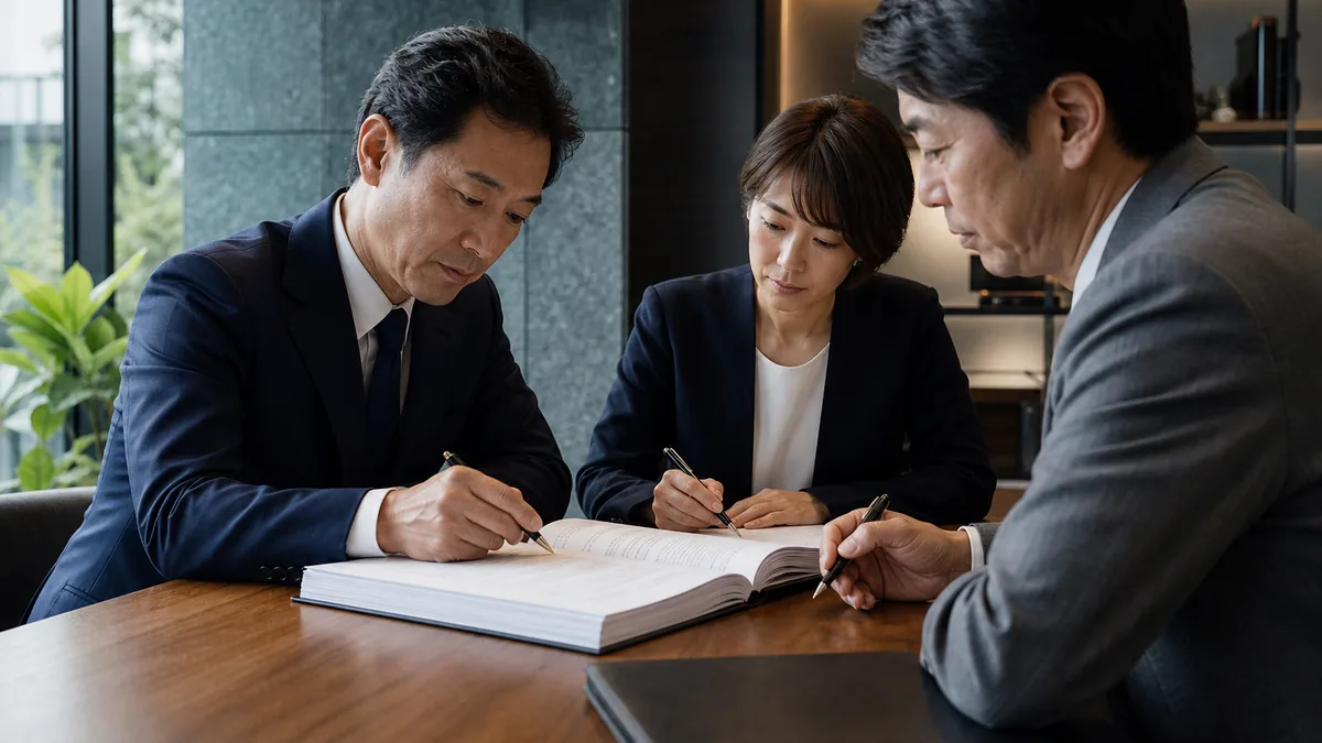 表明保証と補償条項｜会社を譲った後に売り手が負う責任について、契約・財務・業務資料を確認する経営者と担当者