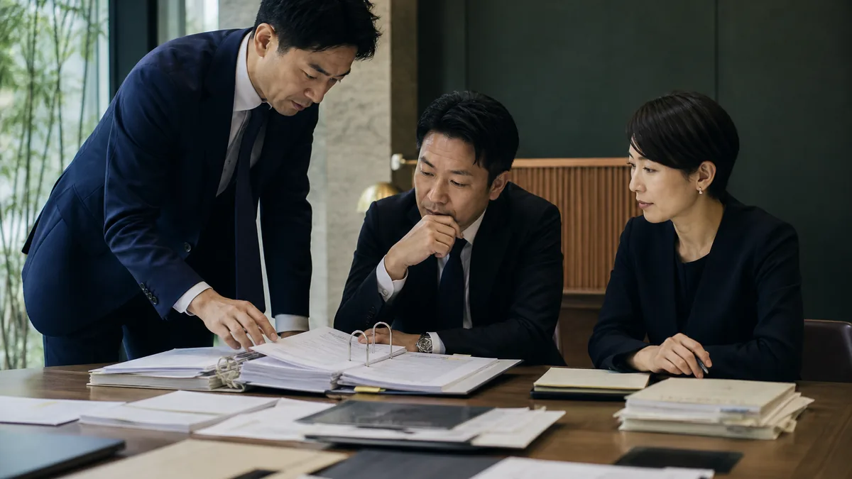 【徹底比較】株式譲渡と事業譲渡の違い｜税金・手続き・従業員の扱いはどう変わる？について、契約・財務・業務資料を確認する経営者と担当者