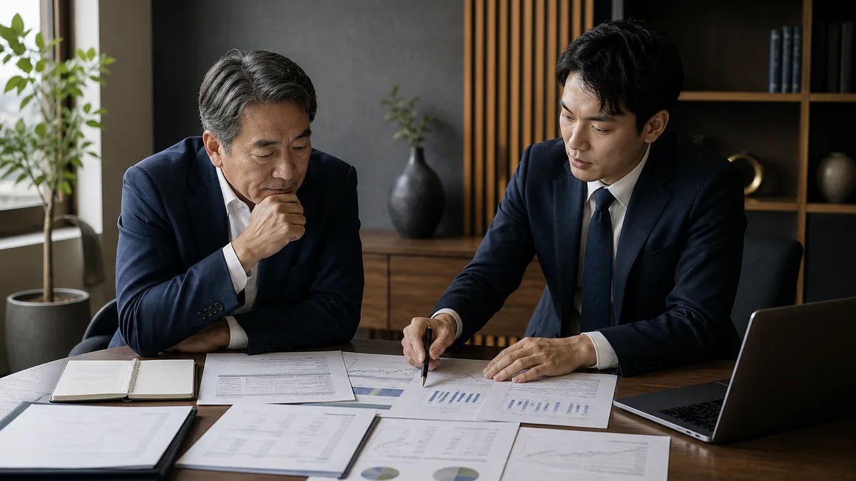 いくらで売れる？会社の値段（企業価値）の計算方法｜中小企業M&Aの相場「年倍法」とはについて、契約・財務・業務資料を確認する経営者と担当者