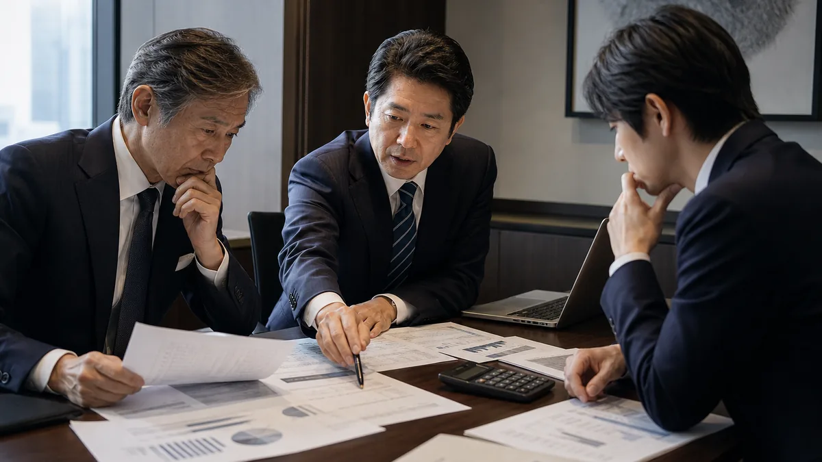 財務資料を広げて企業価値と取引条件を検討するM&A担当者