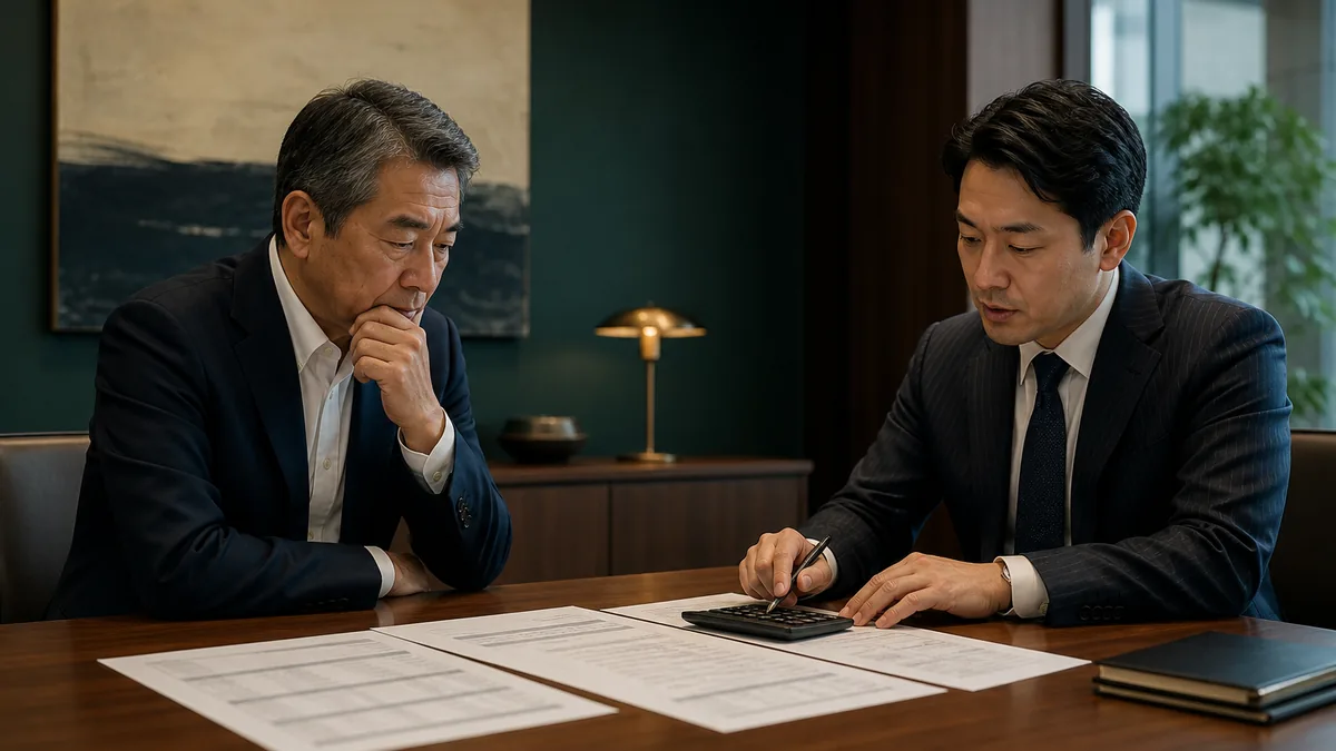 M&Aの手数料はどう決まる？レーマン方式と完全成功報酬の仕組みについて、契約・財務・業務資料を確認する経営者と担当者